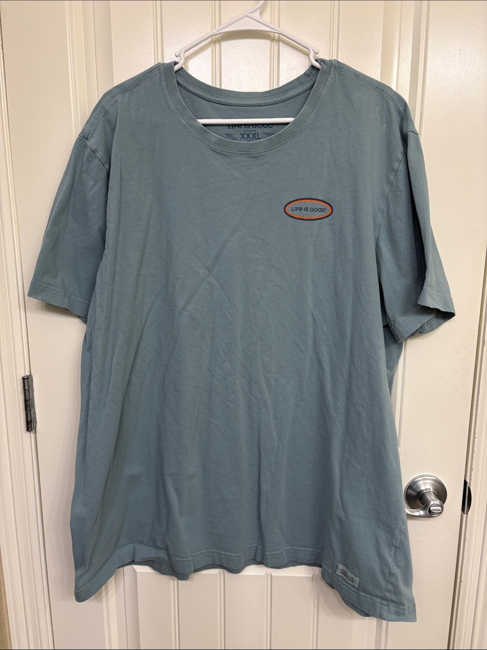 Life Is Good Men's Short Sleeve Tee - Sage Blue with Orange Logo